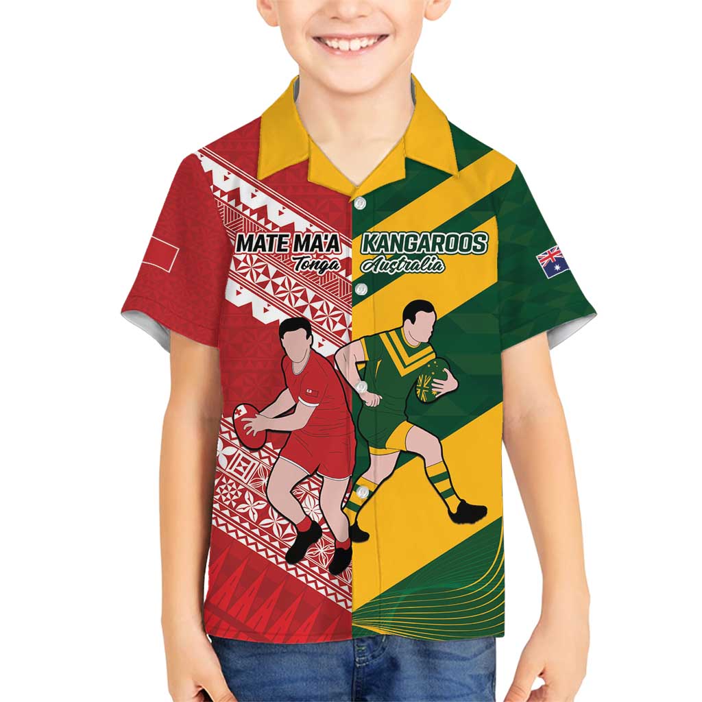 Australia-Tonga Rugby Pacific Custom Family Matching Tank Maxi Dress and Hawaiian Shirt The Kangaroos and Mate Ma'a Tonga LT9 Son's Shirt Red-Green - Polynesian Pride