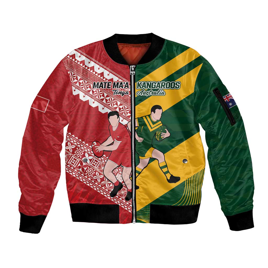 Australia-Tonga Rugby Pacific Custom Sleeve Zip Bomber Jacket The Kangaroos and Mate Ma'a Tonga