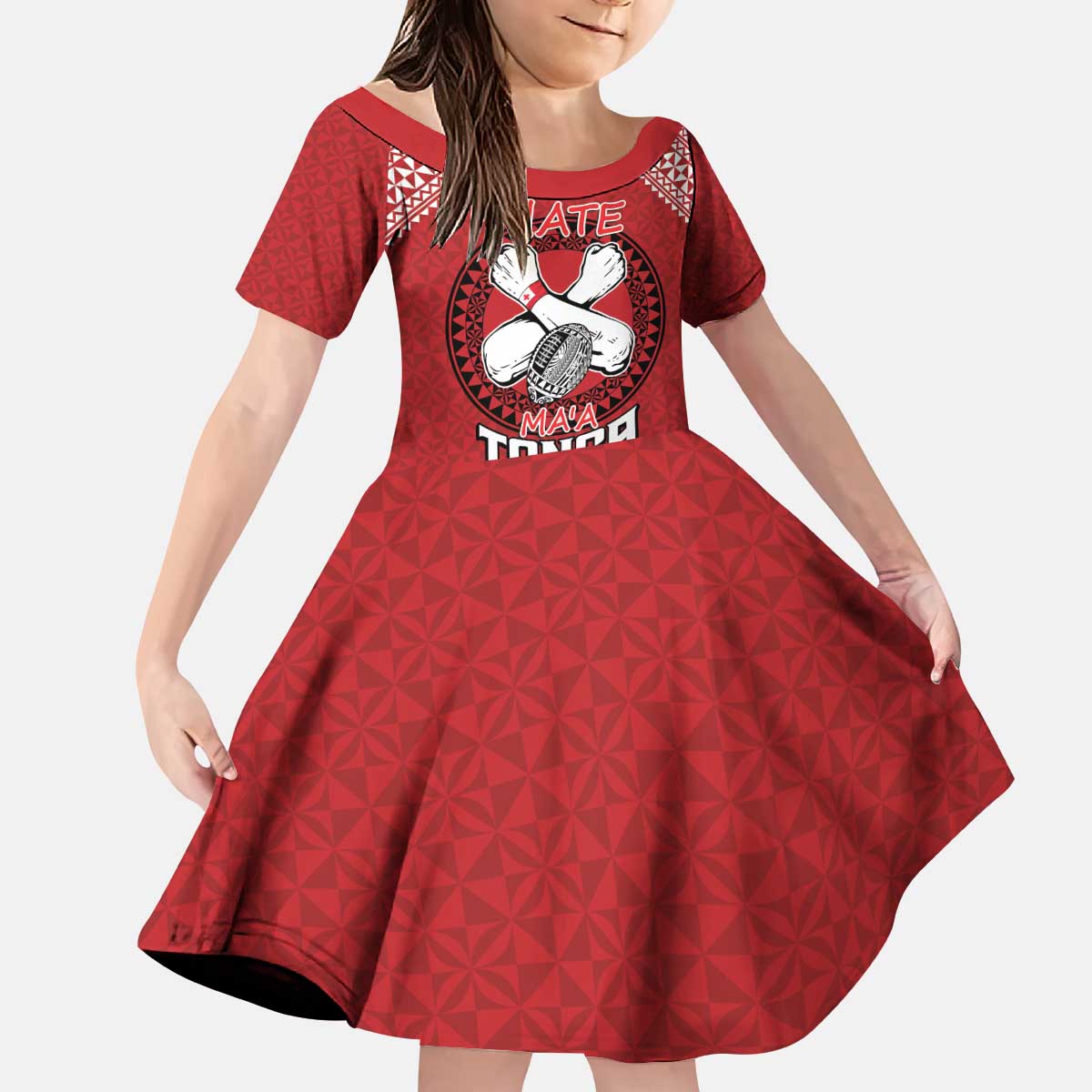 Tonga Rugby XIII Custom Kid Short Sleeve Dress Mate Ma'a Tonga with Ngatu Pattern