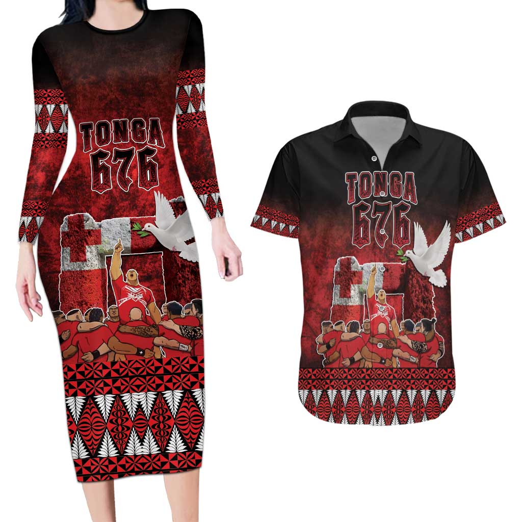 Custom Tonga 676 Haamonga a Maui Couples Matching Long Sleeve Bodycon Dress and Hawaiian Shirt Tongan Sipi Tau Unique Dance LT9 Red - Polynesian Pride