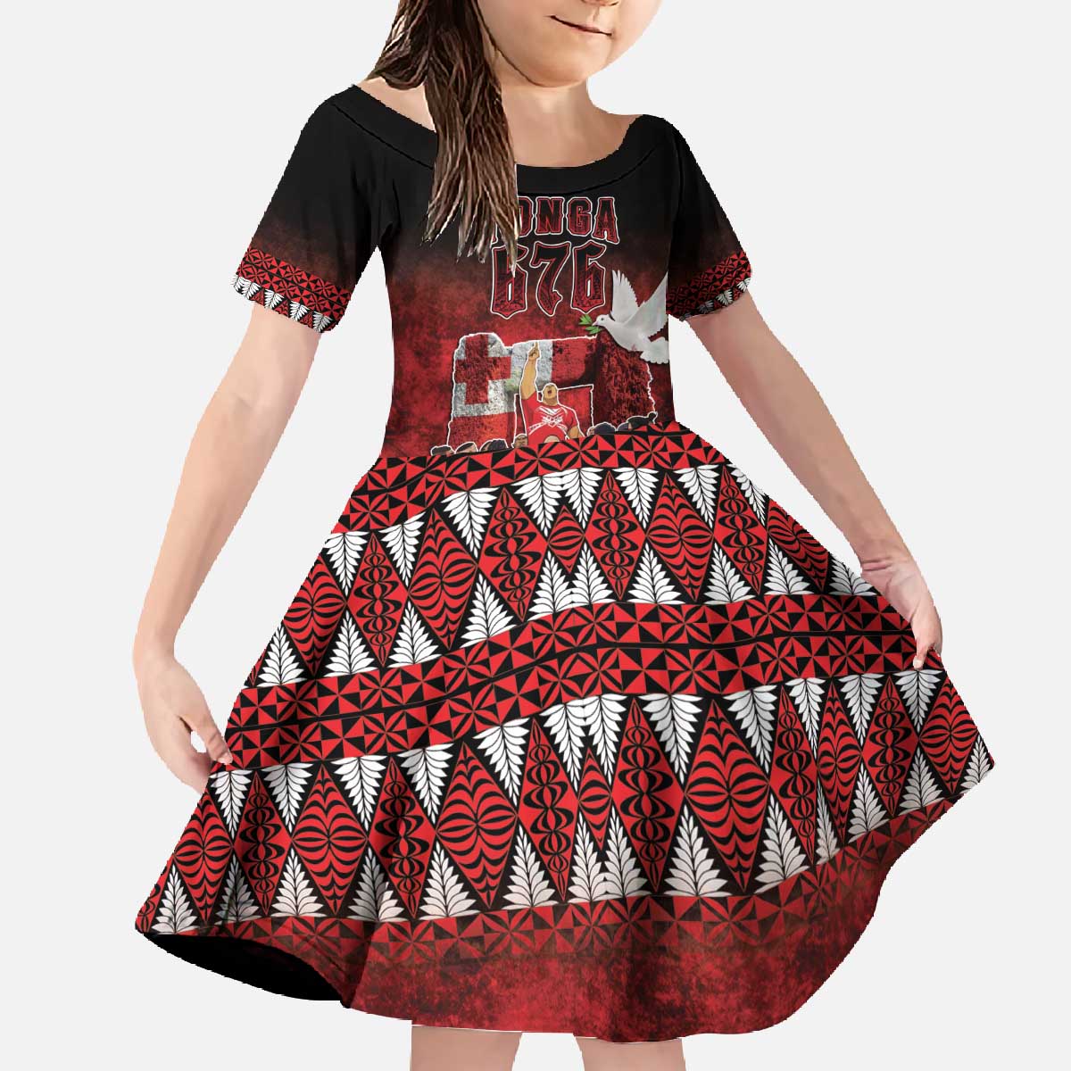 Custom Tonga 676 Haamonga a Maui Family Matching Off The Shoulder Long Sleeve Dress and Hawaiian Shirt Tongan Sipi Tau Unique Dance LT9 Daughter's Dress Red - Polynesian Pride