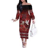 Custom Tonga 676 Haamonga a Maui Family Matching Off The Shoulder Long Sleeve Dress and Hawaiian Shirt Tongan Sipi Tau Unique Dance LT9 Mom's Dress Red - Polynesian Pride