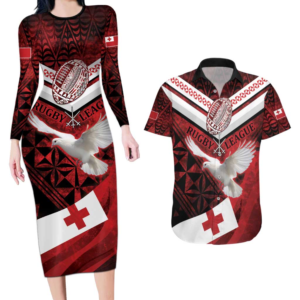 Custom Tonga XIII Rugby Tribal Tattoo Couples Matching Long Sleeve Bodycon Dress and Hawaiian Shirt Mate Ma'a Tonga Kupesi Ngatu Grunge Style LT9 Red - Polynesian Pride