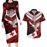 Custom Tonga XIII Rugby Tribal Tattoo Couples Matching Long Sleeve Bodycon Dress and Hawaiian Shirt Mate Ma'a Tonga Kupesi Ngatu Grunge Style LT9 Red - Polynesian Pride