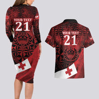 Custom Tonga XIII Rugby Tribal Tattoo Couples Matching Long Sleeve Bodycon Dress and Hawaiian Shirt Mate Ma'a Tonga Kupesi Ngatu Grunge Style LT9 - Polynesian Pride