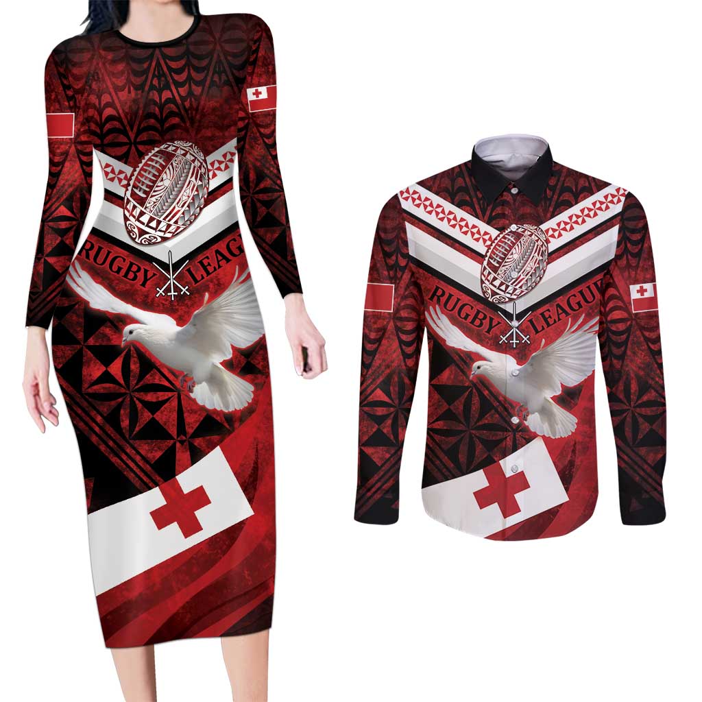 Custom Tonga XIII Rugby Tribal Tattoo Couples Matching Long Sleeve Bodycon Dress and Long Sleeve Button Shirt Mate Ma'a Tonga Kupesi Ngatu Grunge Style