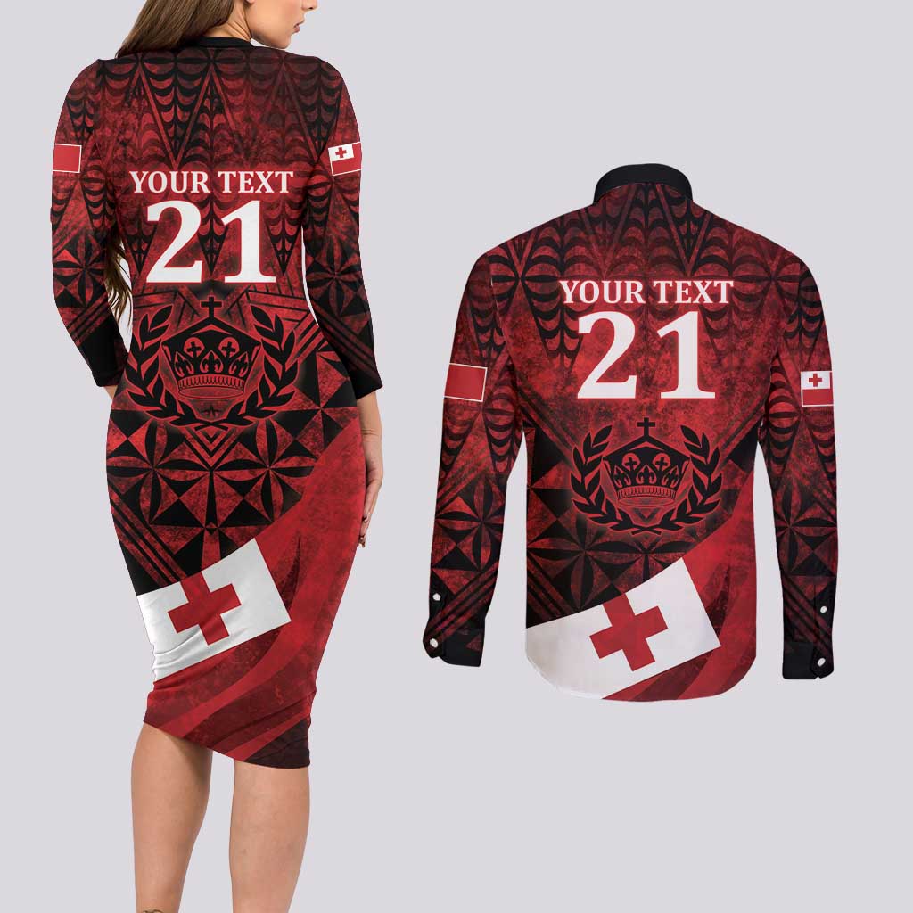 Custom Tonga XIII Rugby Tribal Tattoo Couples Matching Long Sleeve Bodycon Dress and Long Sleeve Button Shirt Mate Ma'a Tonga Kupesi Ngatu Grunge Style LT9 - Polynesian Pride