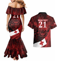 Custom Tonga XIII Rugby Tribal Tattoo Couples Matching Mermaid Dress and Hawaiian Shirt Mate Ma'a Tonga Kupesi Ngatu Grunge Style LT9 - Polynesian Pride