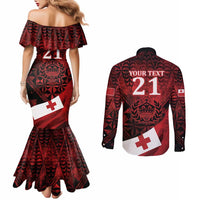 Custom Tonga XIII Rugby Tribal Tattoo Couples Matching Mermaid Dress and Long Sleeve Button Shirt Mate Ma'a Tonga Kupesi Ngatu Grunge Style LT9 - Polynesian Pride
