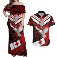 Custom Tonga XIII Rugby Tribal Tattoo Couples Matching Off Shoulder Maxi Dress and Hawaiian Shirt Mate Ma'a Tonga Kupesi Ngatu Grunge Style LT9 Red - Polynesian Pride