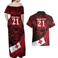 Custom Tonga XIII Rugby Tribal Tattoo Couples Matching Off Shoulder Maxi Dress and Hawaiian Shirt Mate Ma'a Tonga Kupesi Ngatu Grunge Style LT9 - Polynesian Pride