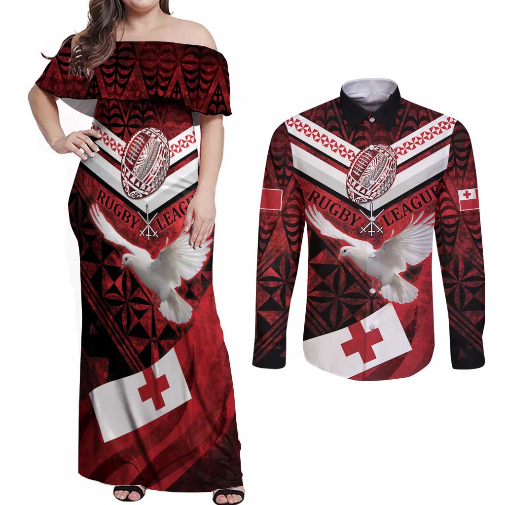 Custom Tonga XIII Rugby Tribal Tattoo Couples Matching Off Shoulder Maxi Dress and Long Sleeve Button Shirt Mate Ma'a Tonga Kupesi Ngatu Grunge Style LT9 Red - Polynesian Pride