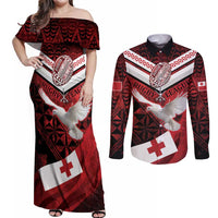 Custom Tonga XIII Rugby Tribal Tattoo Couples Matching Off Shoulder Maxi Dress and Long Sleeve Button Shirt Mate Ma'a Tonga Kupesi Ngatu Grunge Style LT9 Red - Polynesian Pride
