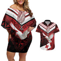 Custom Tonga XIII Rugby Tribal Tattoo Couples Matching Off Shoulder Short Dress and Hawaiian Shirt Mate Ma'a Tonga Kupesi Ngatu Grunge Style LT9 Red - Polynesian Pride