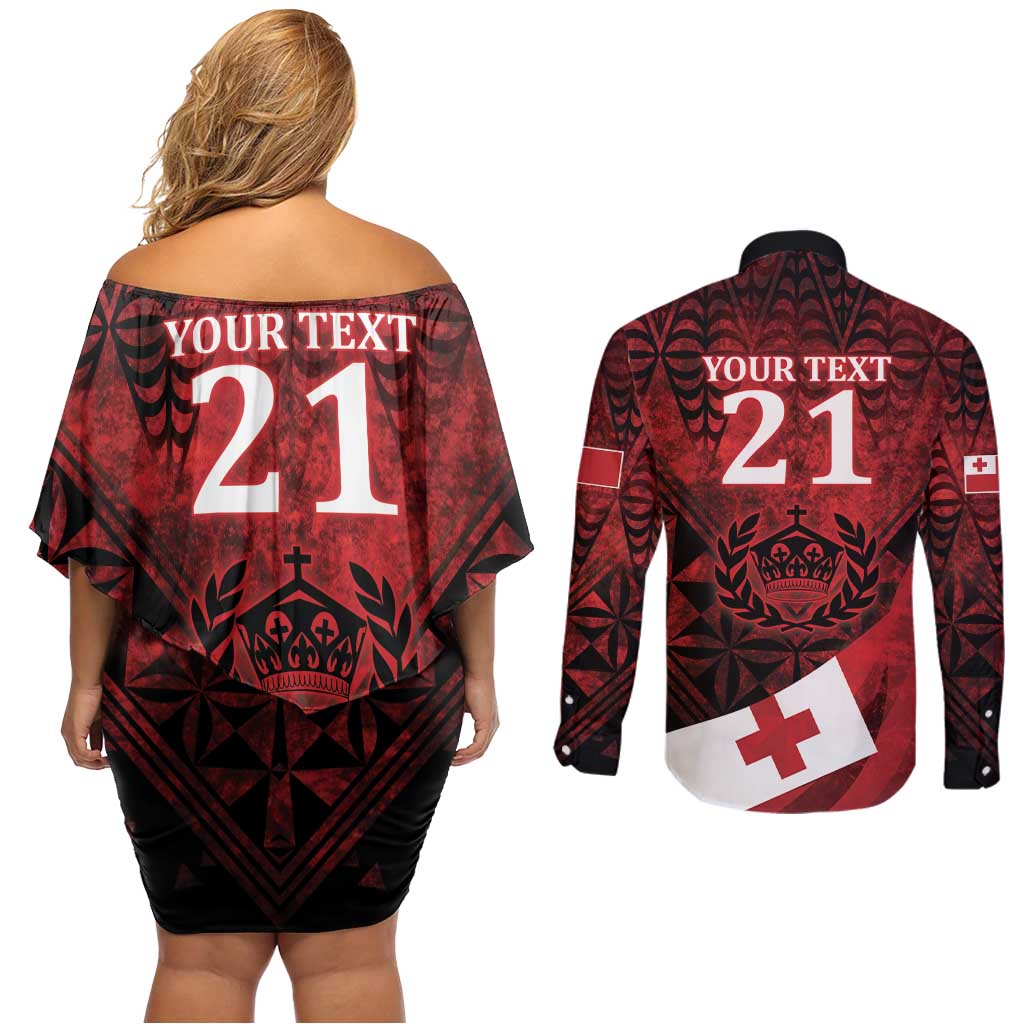 Custom Tonga XIII Rugby Tribal Tattoo Couples Matching Off Shoulder Short Dress and Long Sleeve Button Shirt Mate Ma'a Tonga Kupesi Ngatu Grunge Style LT9 - Polynesian Pride