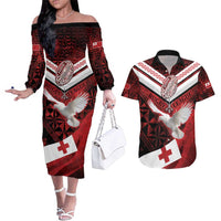 Custom Tonga XIII Rugby Tribal Tattoo Couples Matching Off The Shoulder Long Sleeve Dress and Hawaiian Shirt Mate Ma'a Tonga Kupesi Ngatu Grunge Style LT9 Red - Polynesian Pride