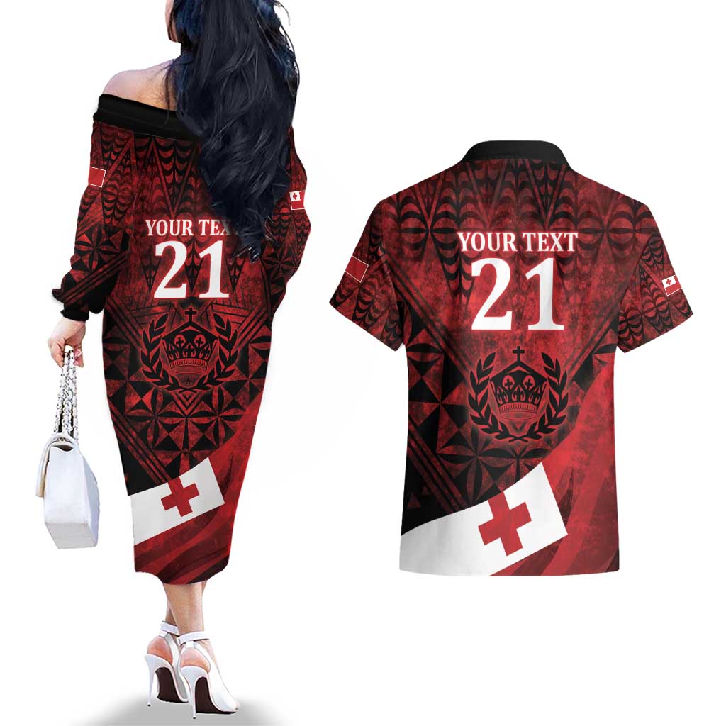 Custom Tonga XIII Rugby Tribal Tattoo Couples Matching Off The Shoulder Long Sleeve Dress and Hawaiian Shirt Mate Ma'a Tonga Kupesi Ngatu Grunge Style LT9 - Polynesian Pride
