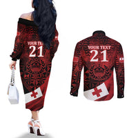 Custom Tonga XIII Rugby Tribal Tattoo Couples Matching Off The Shoulder Long Sleeve Dress and Long Sleeve Button Shirt Mate Ma'a Tonga Kupesi Ngatu Grunge Style LT9 - Polynesian Pride