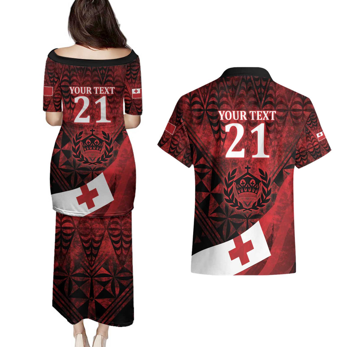 Custom Tonga XIII Rugby Tribal Tattoo Couples Matching Puletasi and Hawaiian Shirt Mate Ma'a Tonga Kupesi Ngatu Grunge Style LT9 - Polynesian Pride