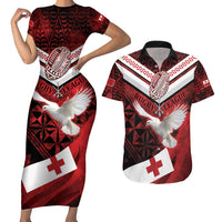 Custom Tonga XIII Rugby Tribal Tattoo Couples Matching Short Sleeve Bodycon Dress and Hawaiian Shirt Mate Ma'a Tonga Kupesi Ngatu Grunge Style LT9 Red - Polynesian Pride