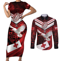 Custom Tonga XIII Rugby Tribal Tattoo Couples Matching Short Sleeve Bodycon Dress and Long Sleeve Button Shirt Mate Ma'a Tonga Kupesi Ngatu Grunge Style LT9 Red - Polynesian Pride