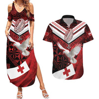Custom Tonga XIII Rugby Tribal Tattoo Couples Matching Summer Maxi Dress and Hawaiian Shirt Mate Ma'a Tonga Kupesi Ngatu Grunge Style LT9 Red - Polynesian Pride