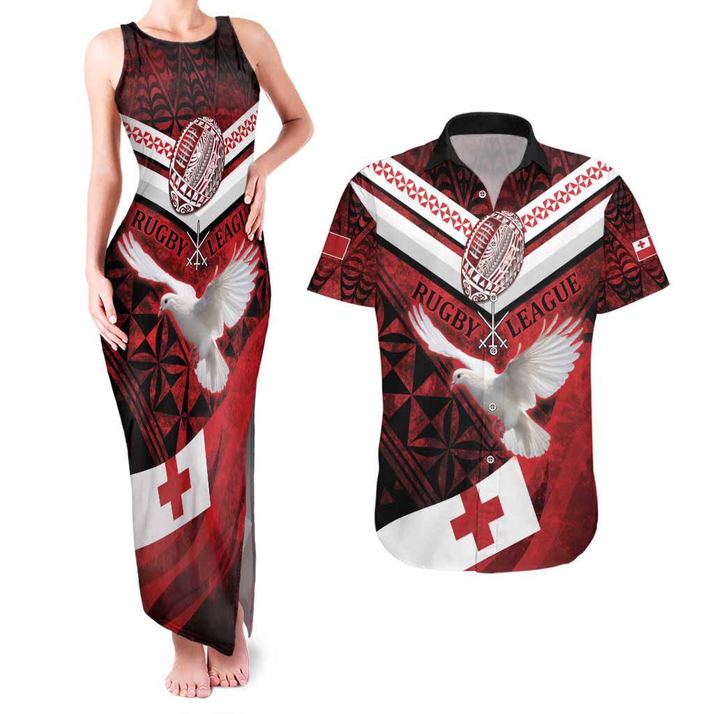 Custom Tonga XIII Rugby Tribal Tattoo Couples Matching Tank Maxi Dress and Hawaiian Shirt Mate Ma'a Tonga Kupesi Ngatu Grunge Style LT9 Red - Polynesian Pride