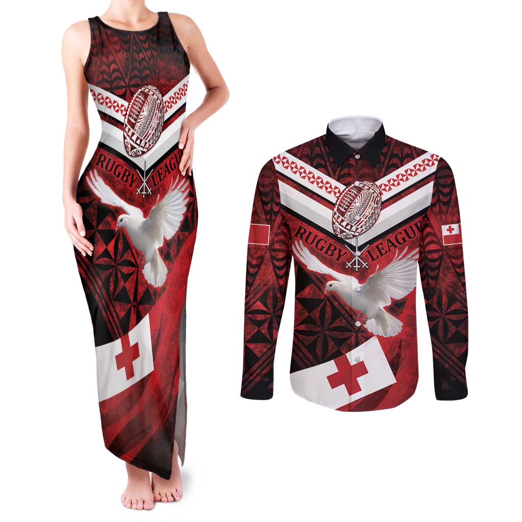 Custom Tonga XIII Rugby Tribal Tattoo Couples Matching Tank Maxi Dress and Long Sleeve Button Shirt Mate Ma'a Tonga Kupesi Ngatu Grunge Style LT9 Red - Polynesian Pride
