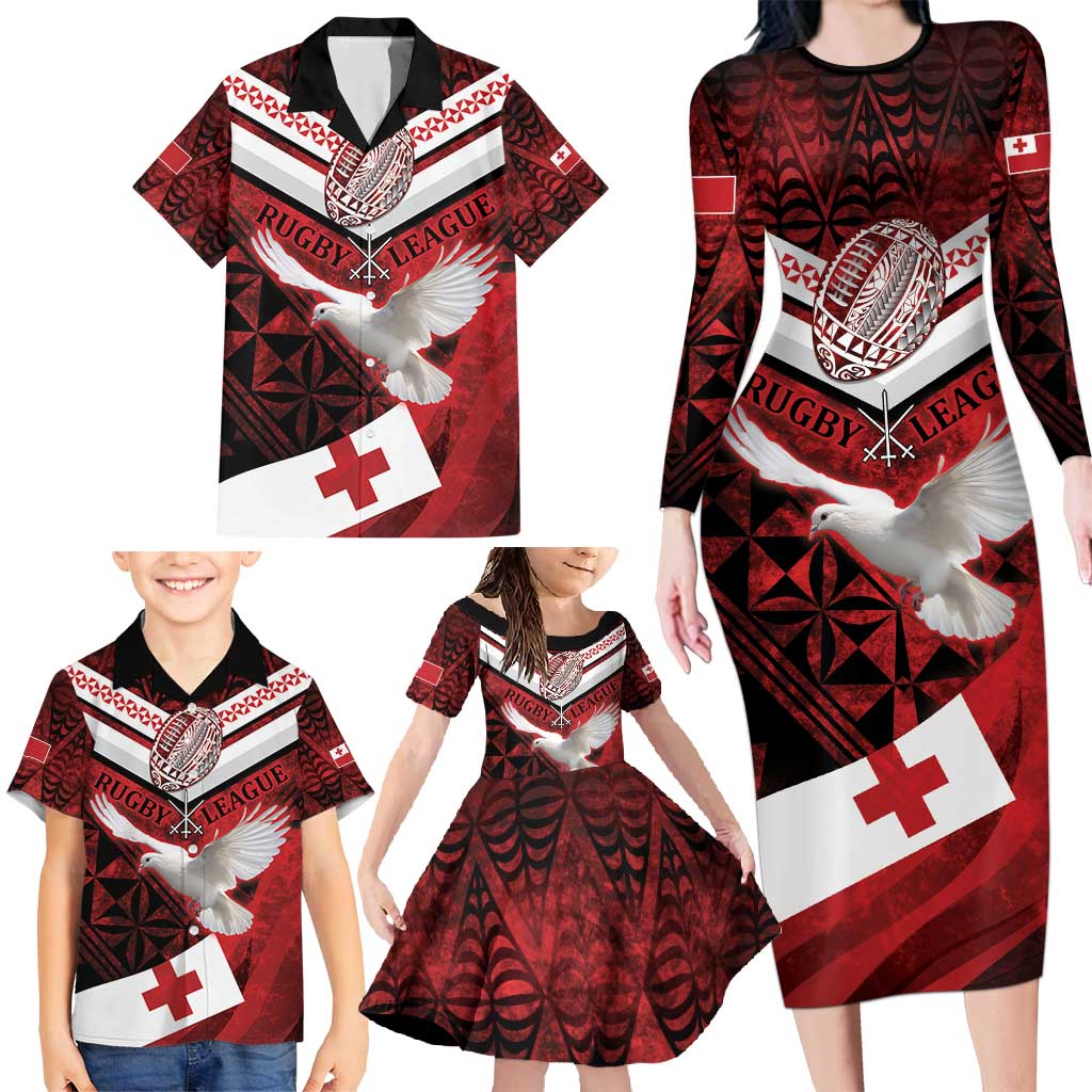 Custom Tonga XIII Rugby Tribal Tattoo Family Matching Long Sleeve Bodycon Dress and Hawaiian Shirt Mate Ma'a Tonga Kupesi Ngatu Grunge Style LT9 - Polynesian Pride