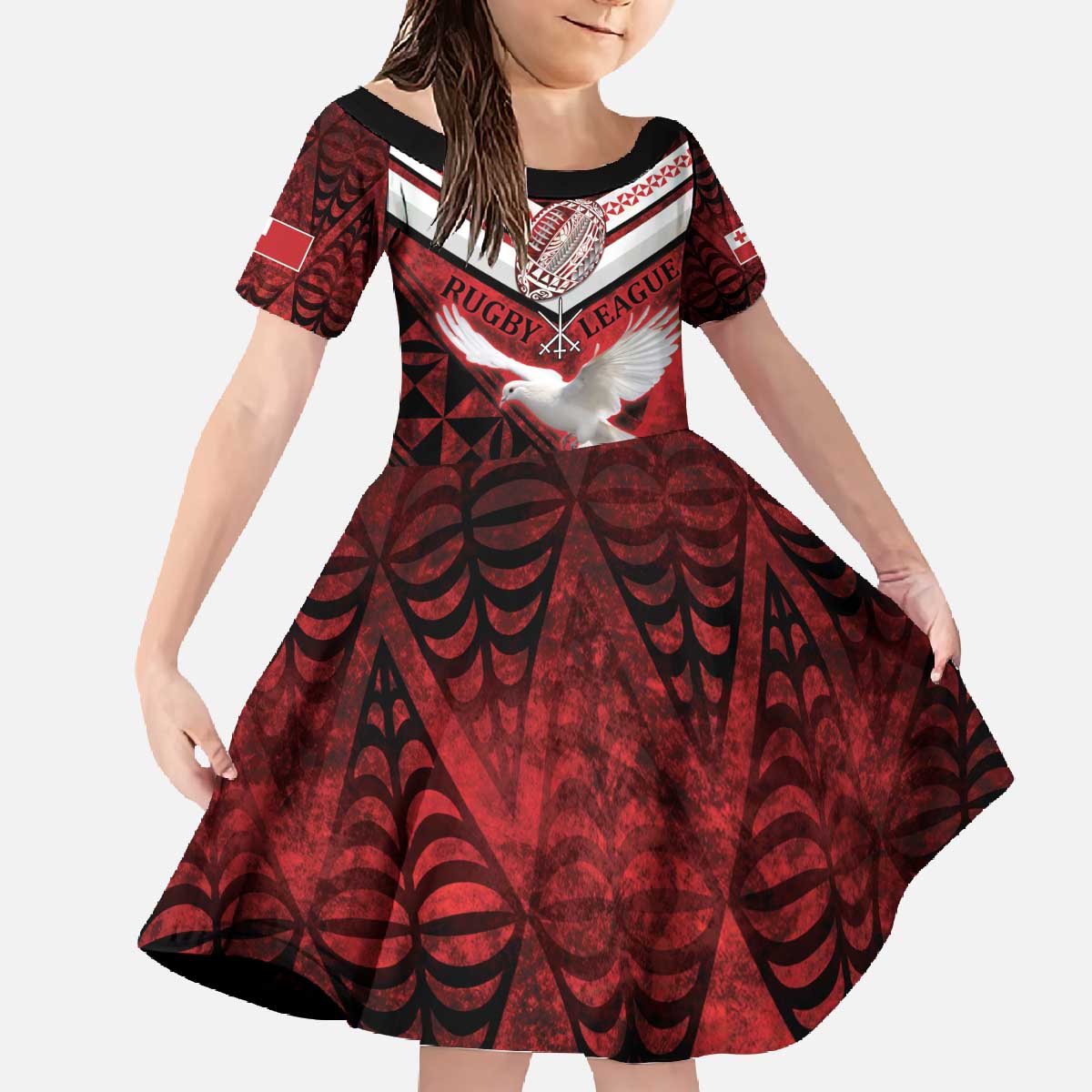 Custom Tonga XIII Rugby Tribal Tattoo Family Matching Off The Shoulder Long Sleeve Dress and Hawaiian Shirt Mate Ma'a Tonga Kupesi Ngatu Grunge Style LT9 Daughter's Dress Red - Polynesian Pride