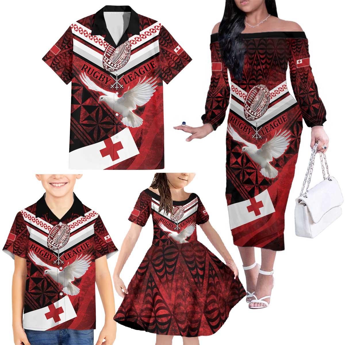 Custom Tonga XIII Rugby Tribal Tattoo Family Matching Off The Shoulder Long Sleeve Dress and Hawaiian Shirt Mate Ma'a Tonga Kupesi Ngatu Grunge Style LT9 - Polynesian Pride