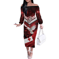 Custom Tonga XIII Rugby Tribal Tattoo Family Matching Off The Shoulder Long Sleeve Dress and Hawaiian Shirt Mate Ma'a Tonga Kupesi Ngatu Grunge Style LT9 Mom's Dress Red - Polynesian Pride