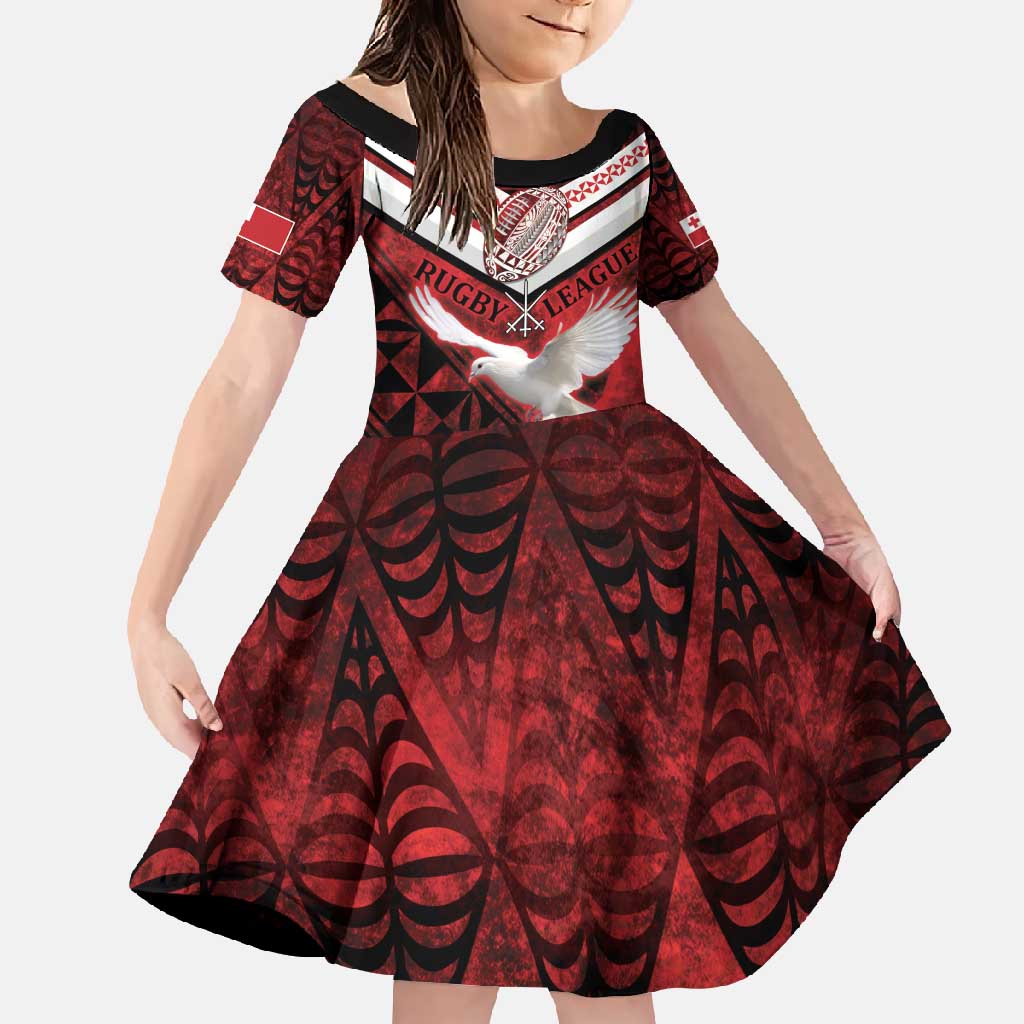 Custom Tonga XIII Rugby Tribal Tattoo Family Matching Off Shoulder Maxi Dress and Hawaiian Shirt Mate Ma'a Tonga Kupesi Ngatu Grunge Style LT9 Daughter's Dress Red - Polynesian Pride