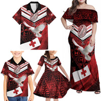 Custom Tonga XIII Rugby Tribal Tattoo Family Matching Off Shoulder Maxi Dress and Hawaiian Shirt Mate Ma'a Tonga Kupesi Ngatu Grunge Style LT9 - Polynesian Pride