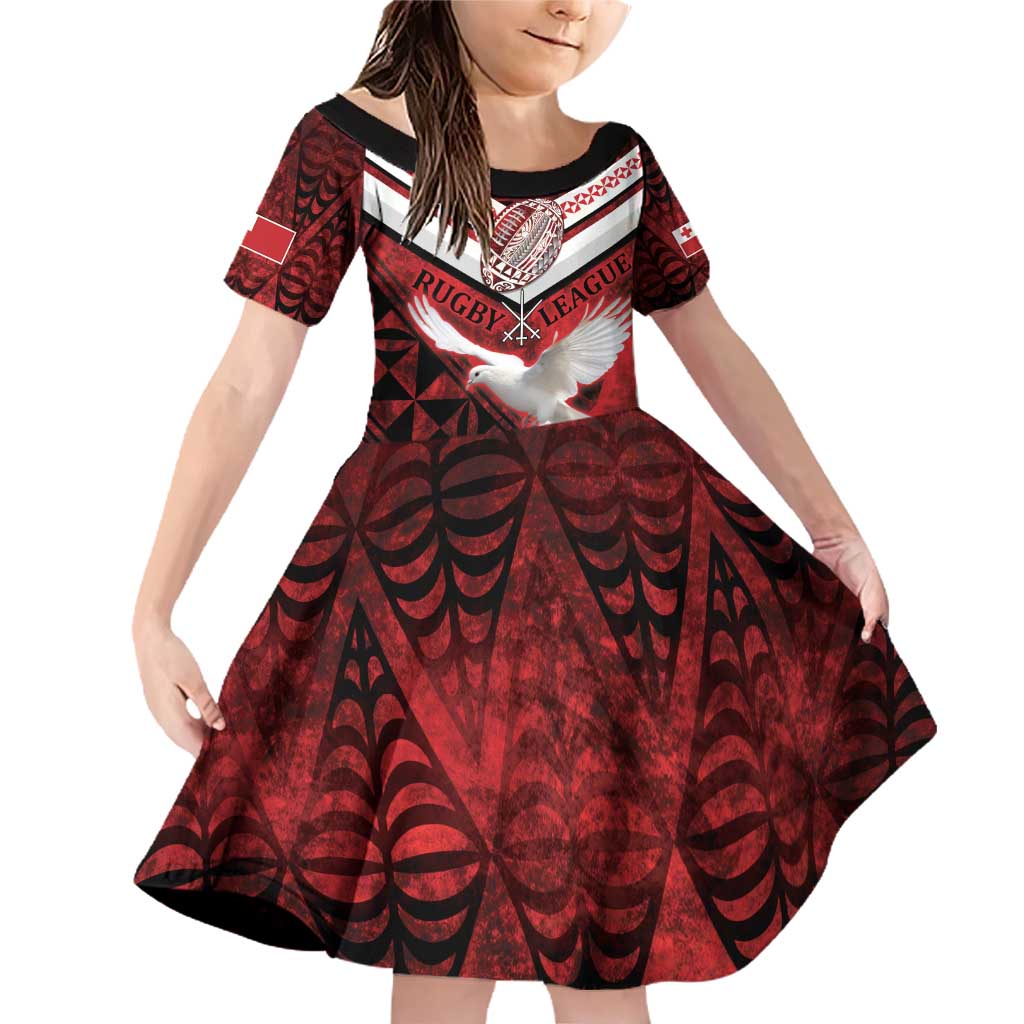 Custom Tonga XIII Rugby Tribal Tattoo Family Matching Off Shoulder Short Dress and Hawaiian Shirt Mate Ma'a Tonga Kupesi Ngatu Grunge Style LT9 Daughter's Dress Red - Polynesian Pride