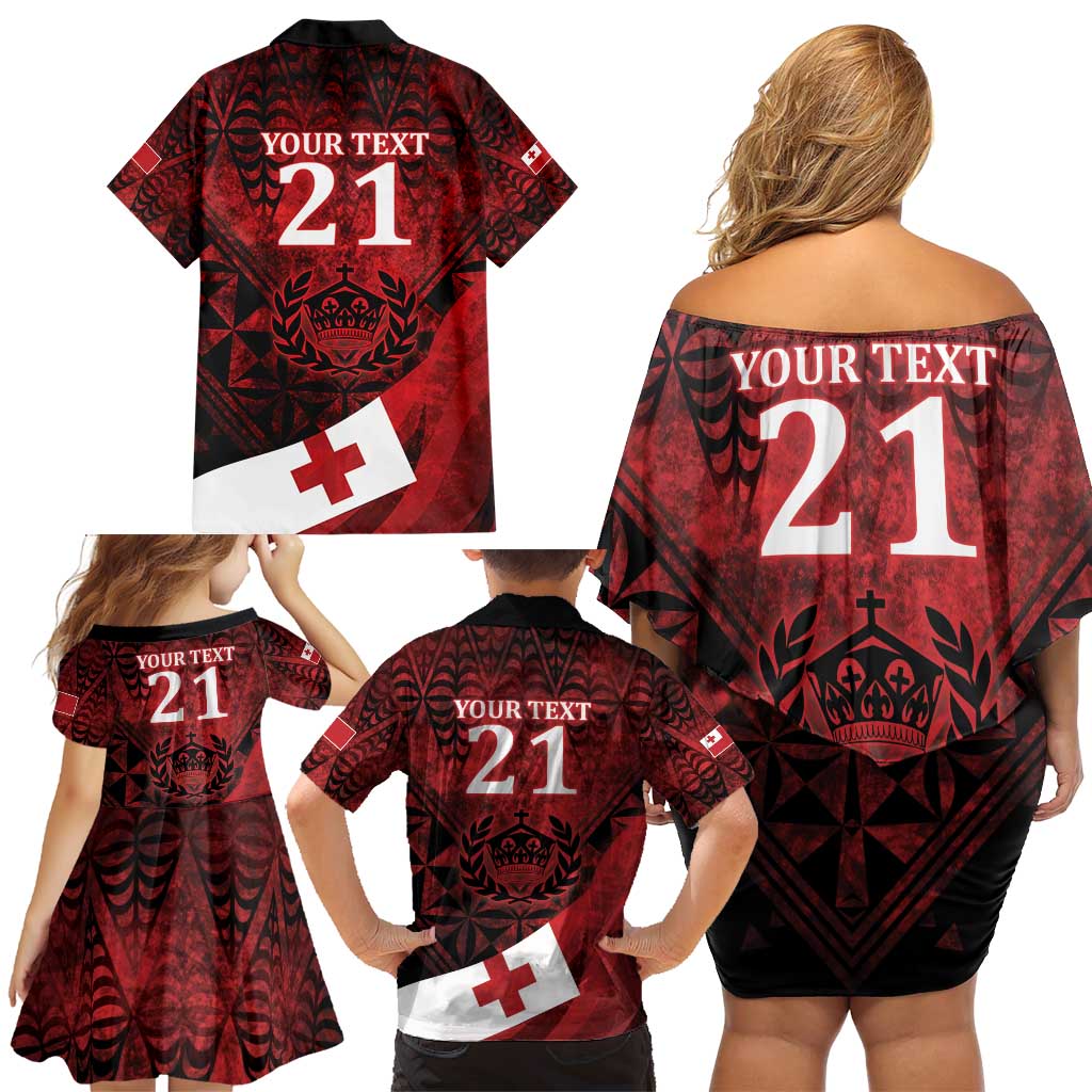 Custom Tonga XIII Rugby Tribal Tattoo Family Matching Off Shoulder Short Dress and Hawaiian Shirt Mate Ma'a Tonga Kupesi Ngatu Grunge Style LT9 - Polynesian Pride