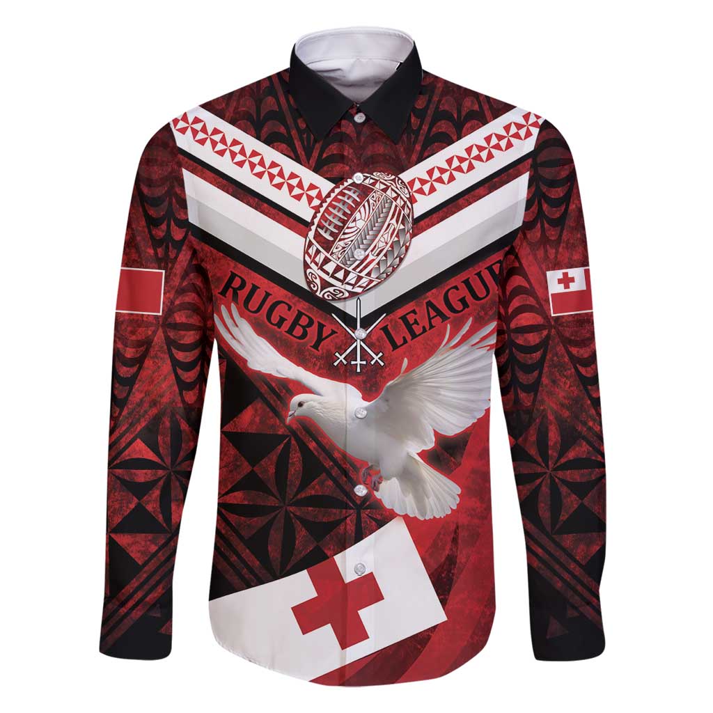 Custom Tonga XIII Rugby Tribal Tattoo Family Matching Off Shoulder Short Dress and Hawaiian Shirt Mate Ma'a Tonga Kupesi Ngatu Grunge Style LT9 Dad's Shirt - Long Sleeve Red - Polynesian Pride