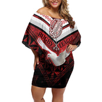 Custom Tonga XIII Rugby Tribal Tattoo Family Matching Off Shoulder Short Dress and Hawaiian Shirt Mate Ma'a Tonga Kupesi Ngatu Grunge Style LT9 Mom's Dress Red - Polynesian Pride