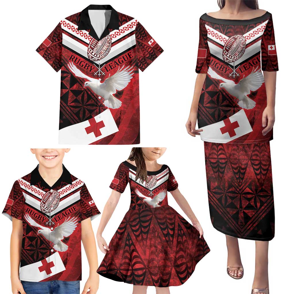 Custom Tonga XIII Rugby Tribal Tattoo Family Matching Puletasi and Hawaiian Shirt Mate Ma'a Tonga Kupesi Ngatu Grunge Style LT9 - Polynesian Pride