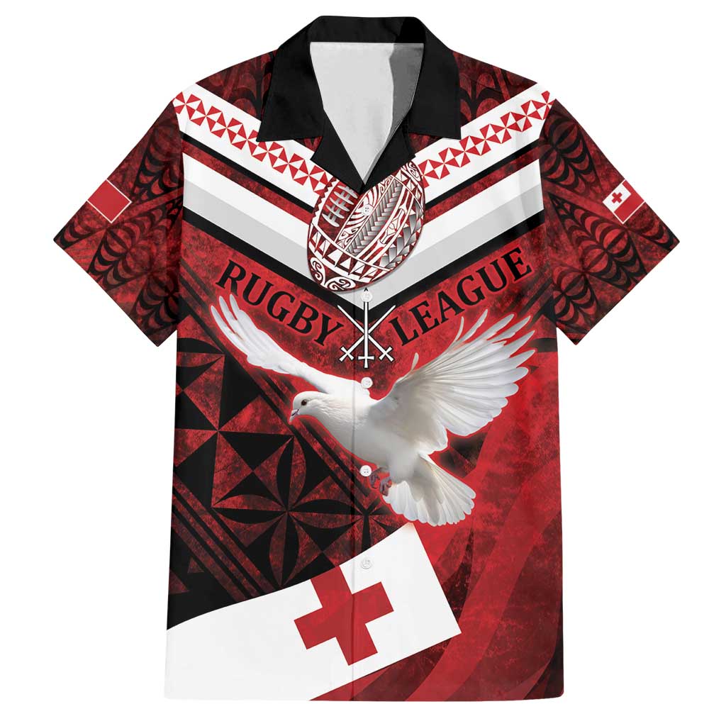 Custom Tonga XIII Rugby Tribal Tattoo Family Matching Puletasi and Hawaiian Shirt Mate Ma'a Tonga Kupesi Ngatu Grunge Style LT9 Dad's Shirt - Short Sleeve Red - Polynesian Pride