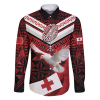 Custom Tonga XIII Rugby Tribal Tattoo Family Matching Puletasi and Hawaiian Shirt Mate Ma'a Tonga Kupesi Ngatu Grunge Style LT9 Dad's Shirt - Long Sleeve Red - Polynesian Pride