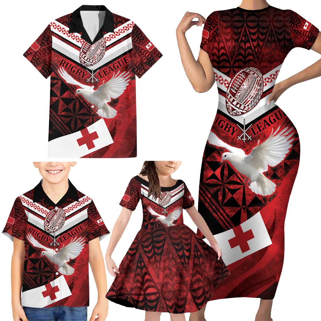 Custom Tonga XIII Rugby Tribal Tattoo Family Matching Short Sleeve Bodycon Dress and Hawaiian Shirt Mate Ma'a Tonga Kupesi Ngatu Grunge Style LT9 - Polynesian Pride