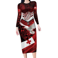 Custom Tonga XIII Rugby Tribal Tattoo Long Sleeve Bodycon Dress Mate Ma'a Tonga Kupesi Ngatu Grunge Style LT9 Long Dress Red - Polynesian Pride