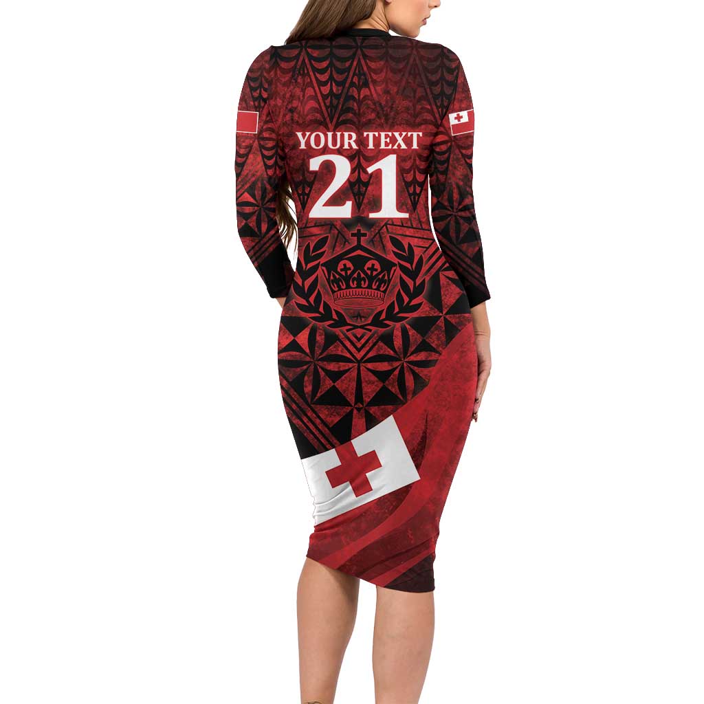 Custom Tonga XIII Rugby Tribal Tattoo Long Sleeve Bodycon Dress Mate Ma'a Tonga Kupesi Ngatu Grunge Style LT9 - Polynesian Pride