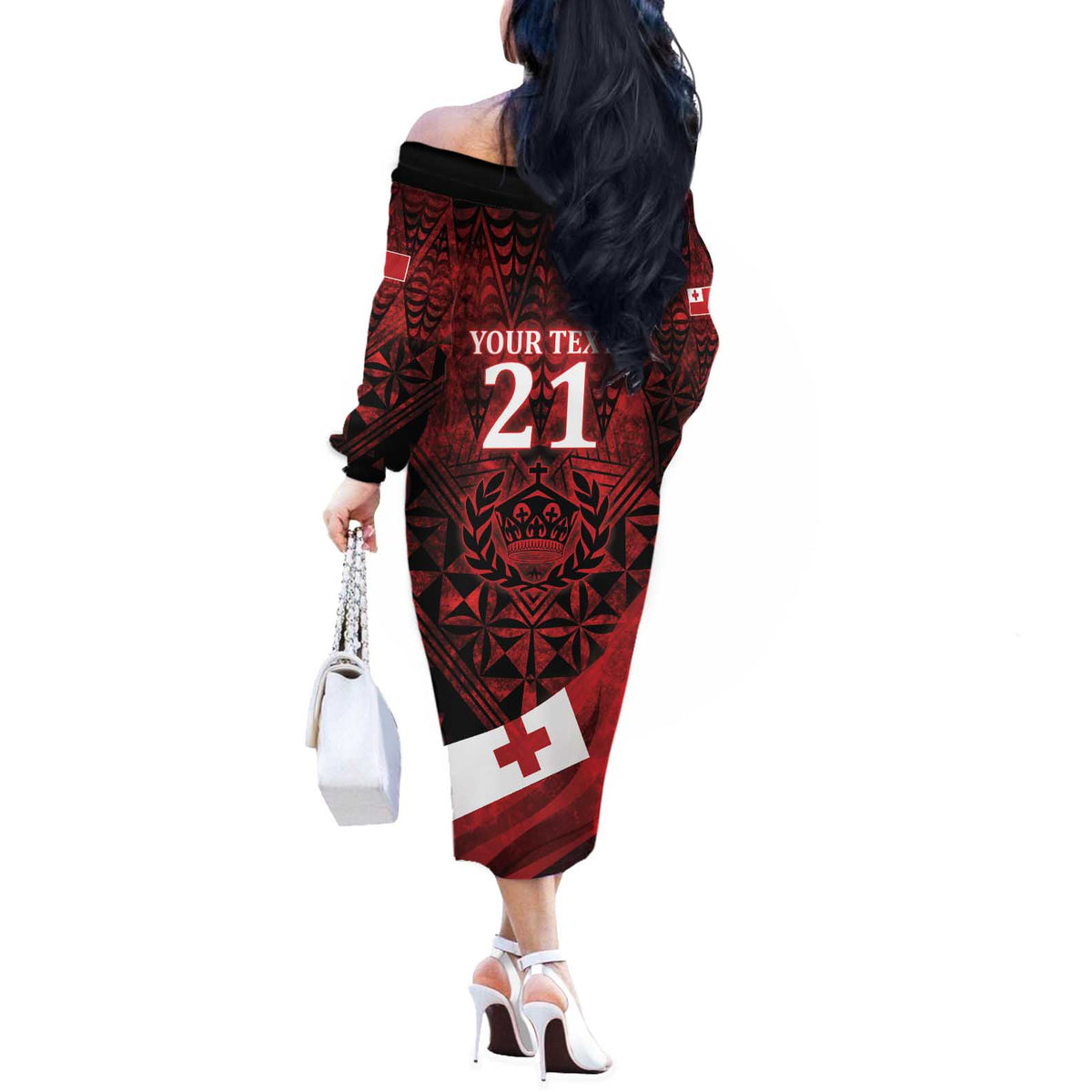 Custom Tonga XIII Rugby Tribal Tattoo Off The Shoulder Long Sleeve Dress Mate Ma'a Tonga Kupesi Ngatu Grunge Style LT9 - Polynesian Pride
