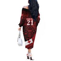 Custom Tonga XIII Rugby Tribal Tattoo Off The Shoulder Long Sleeve Dress Mate Ma'a Tonga Kupesi Ngatu Grunge Style LT9 - Polynesian Pride