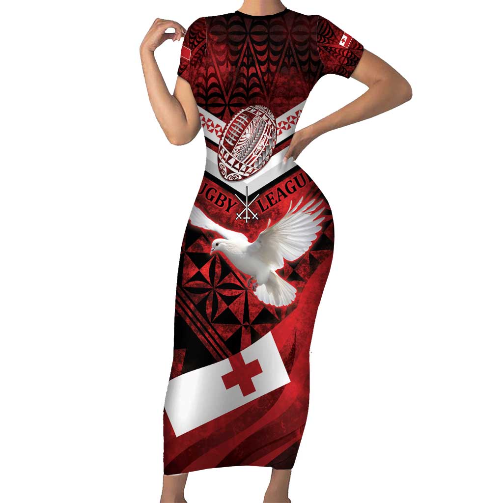 Custom Tonga XIII Rugby Tribal Tattoo Short Sleeve Bodycon Dress Mate Ma'a Tonga Kupesi Ngatu Grunge Style LT9 Long Dress Red - Polynesian Pride