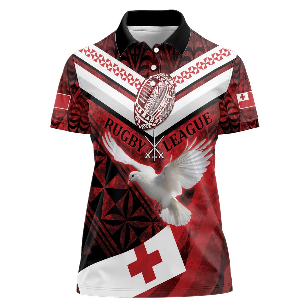 Custom Tonga XIII Rugby Tribal Tattoo Women Polo Shirt Mate Ma'a Tonga Kupesi Ngatu Grunge Style LT9 Female Red - Polynesian Pride