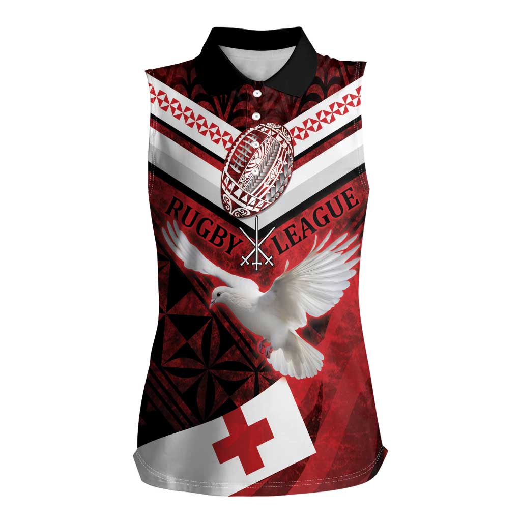 Custom Tonga XIII Rugby Tribal Tattoo Women Sleeveless Polo Shirt Mate Ma'a Tonga Kupesi Ngatu Grunge Style LT9 Female Red - Polynesian Pride
