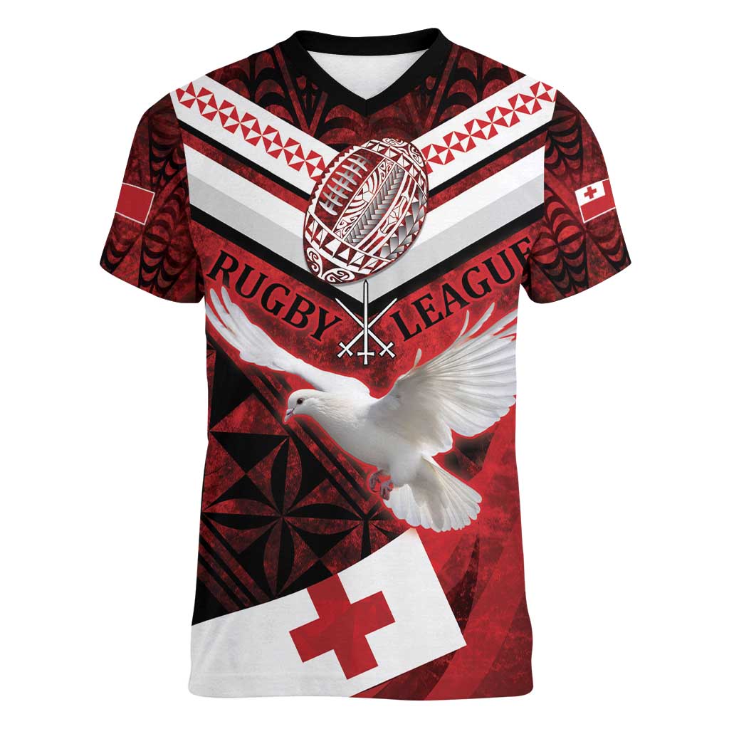 Custom Tonga XIII Rugby Tribal Tattoo Women V-Neck T-Shirt Mate Ma'a Tonga Kupesi Ngatu Grunge Style LT9 Female Red - Polynesian Pride